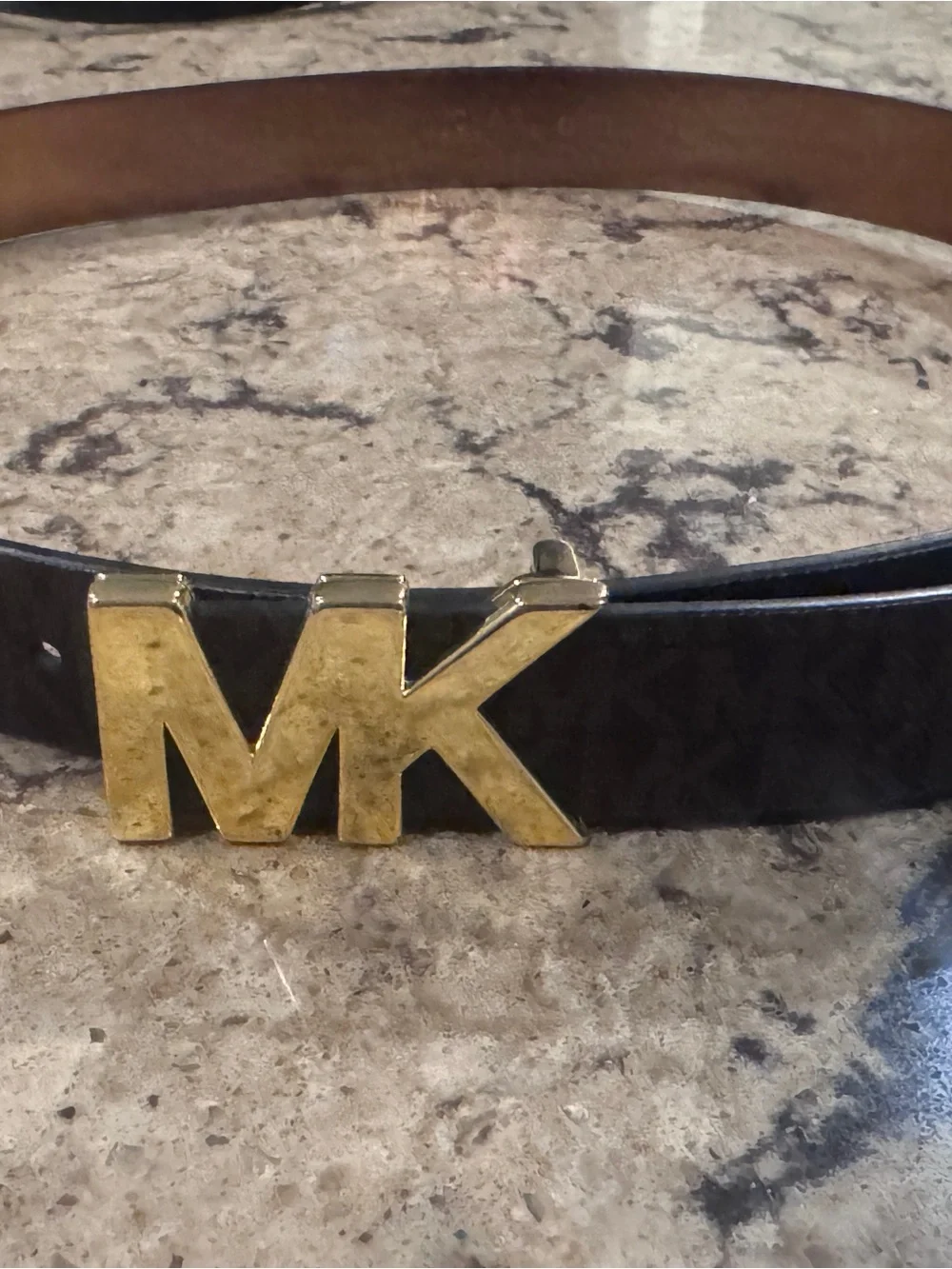 Michael Kors Brown Leather Belt with Gold MK Logo Buckle